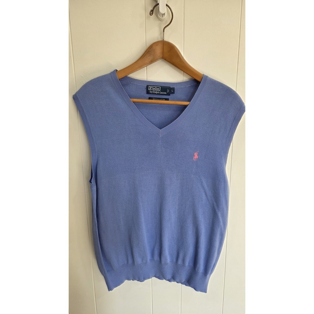 Polo Ralph Lauren Pima Cotton Sweater Vest Men's L Blue V Neck Pink Pony